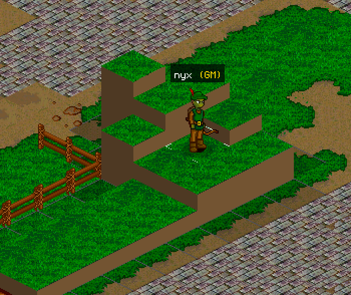 A player character standing on a raised grass platform made from several stacked elevation levels in an isometric game